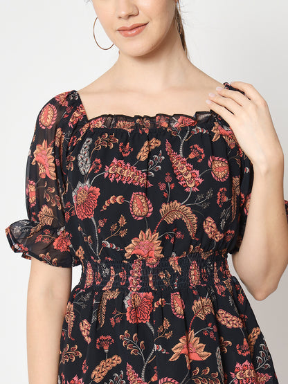 Floral Printed Square Neck Puff Sleeve Peplum Top