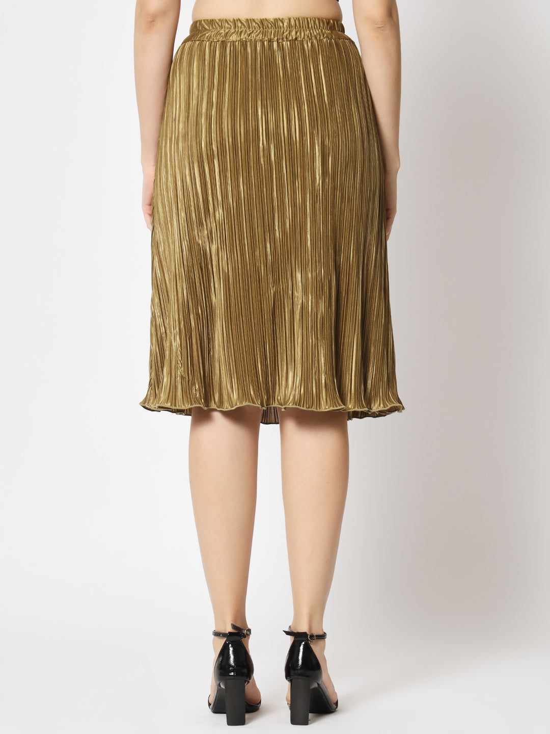 Flared Knee-Length Pleated Satin Skirt