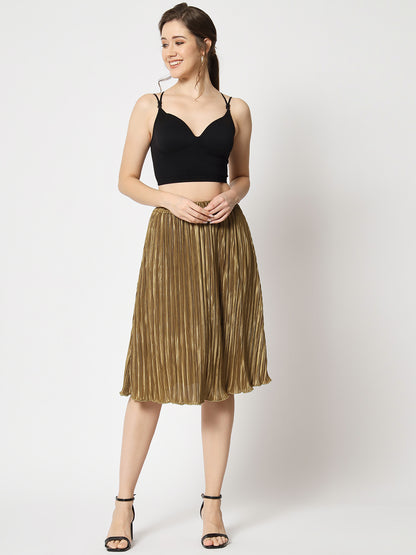 Flared Knee-Length Pleated Satin Skirt