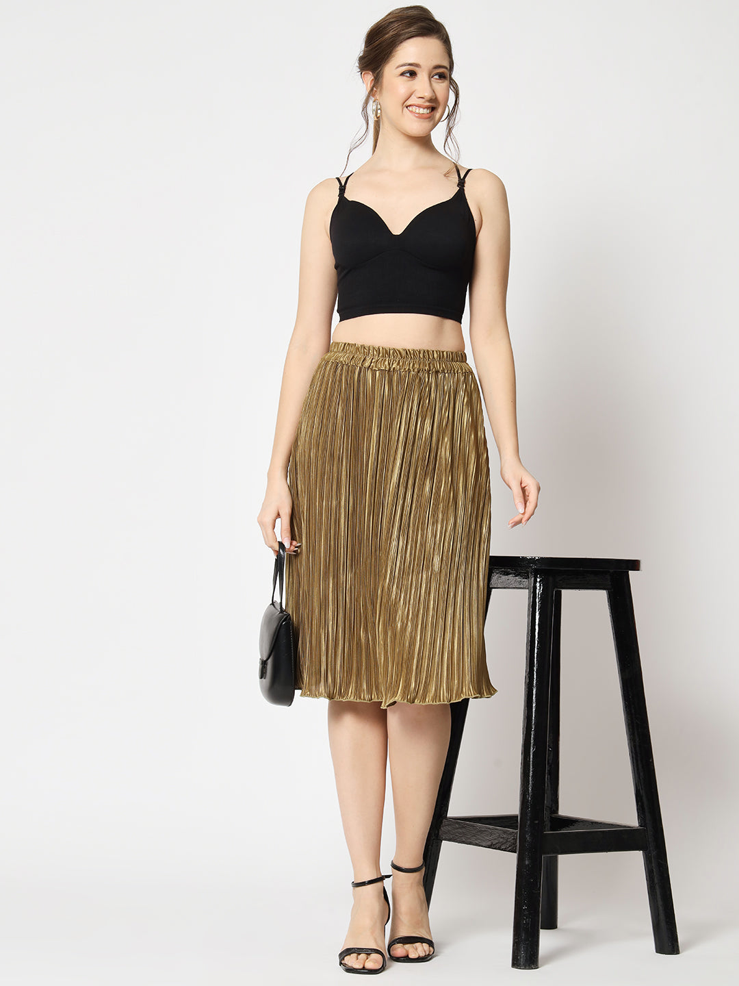 Flared Knee-Length Pleated Satin Skirt