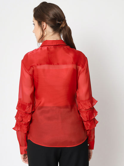 Women Classic Spread Collar Ruffled Red Party Shirt