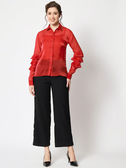 Women Classic Spread Collar Ruffled Red Party Shirt