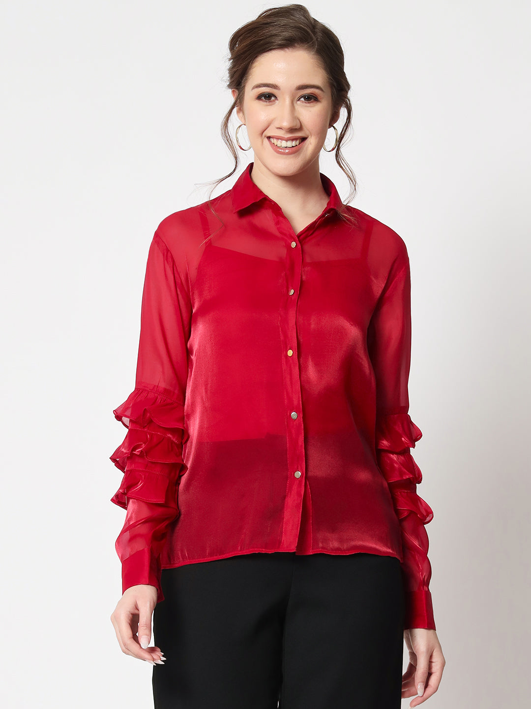 Women Classic Spread Collar Ruffled Red Party Shirt