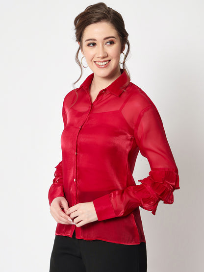 Women Classic Spread Collar Ruffled Red Party Shirt