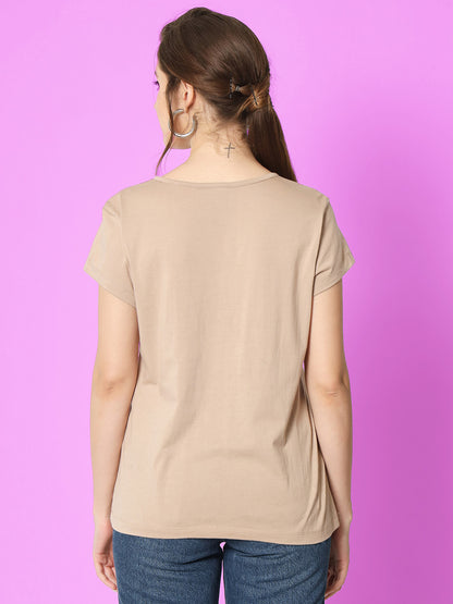 Women Cream-Coloured V-Neck Extended Sleeves Loose T-shirt