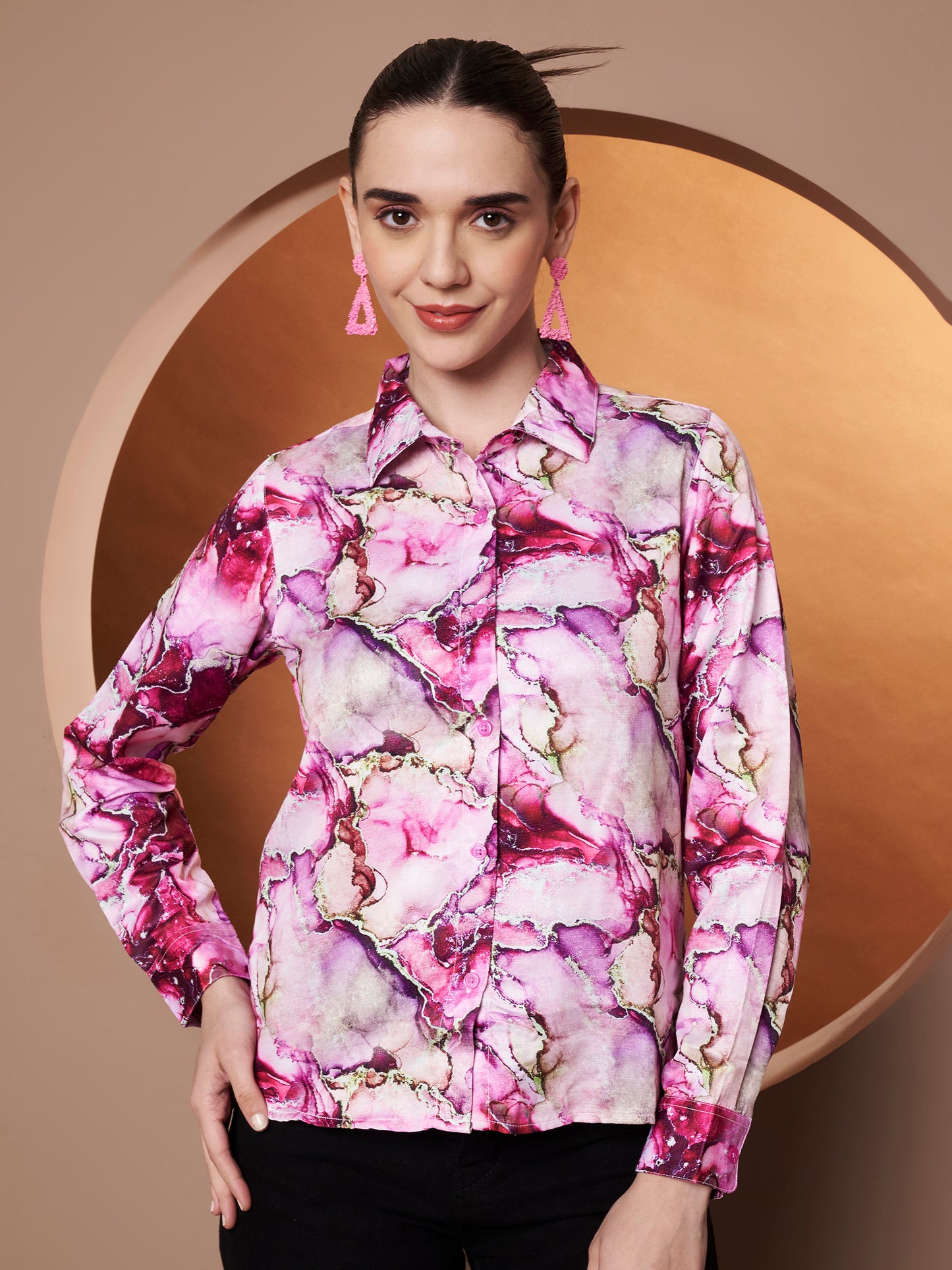 Classic Abstract Printed Pink Casual Shirt for women