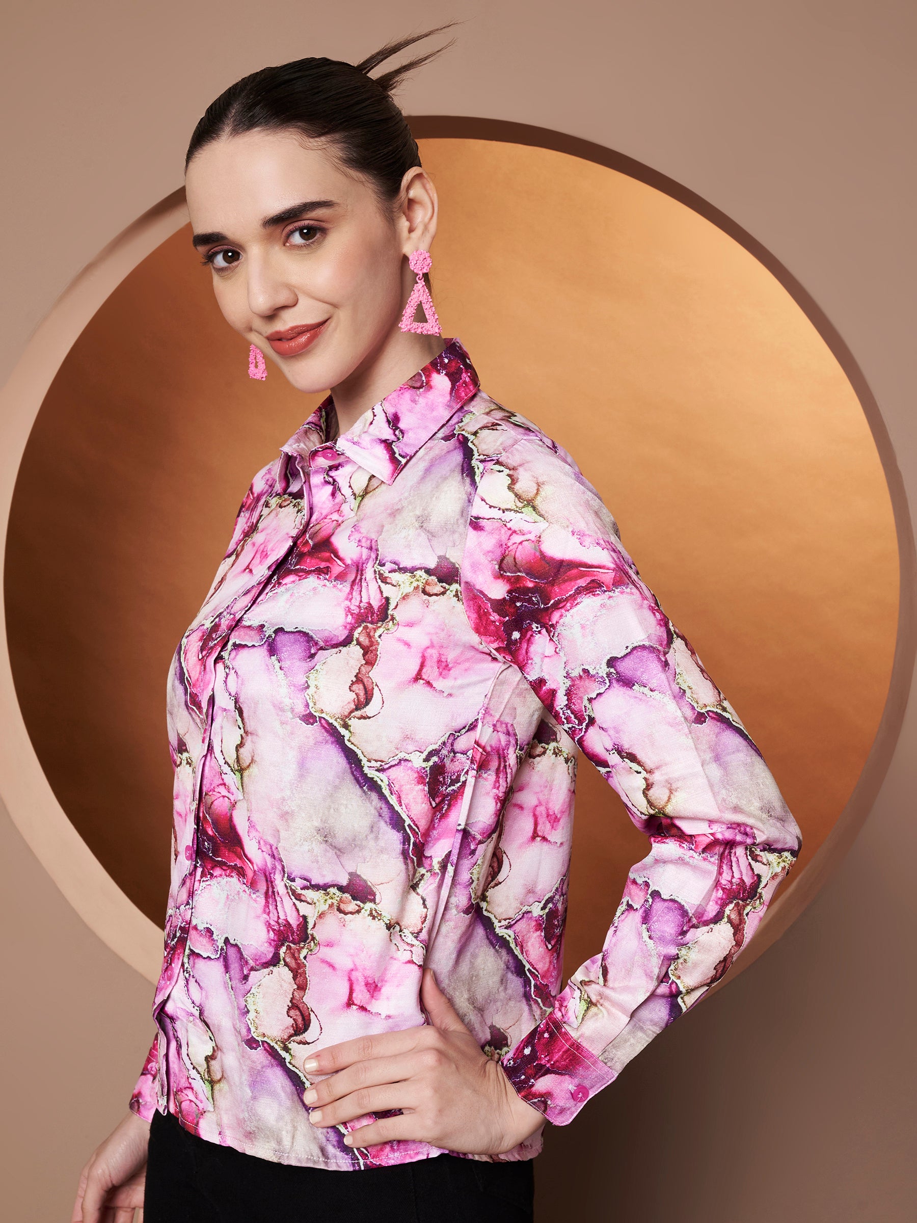 Women Classic Abstract Printed Pink Casual Shirt left side