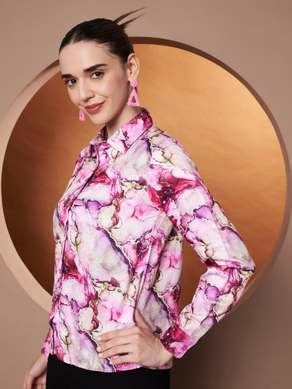 Women Classic Abstract Printed Pink Casual Shirt left side