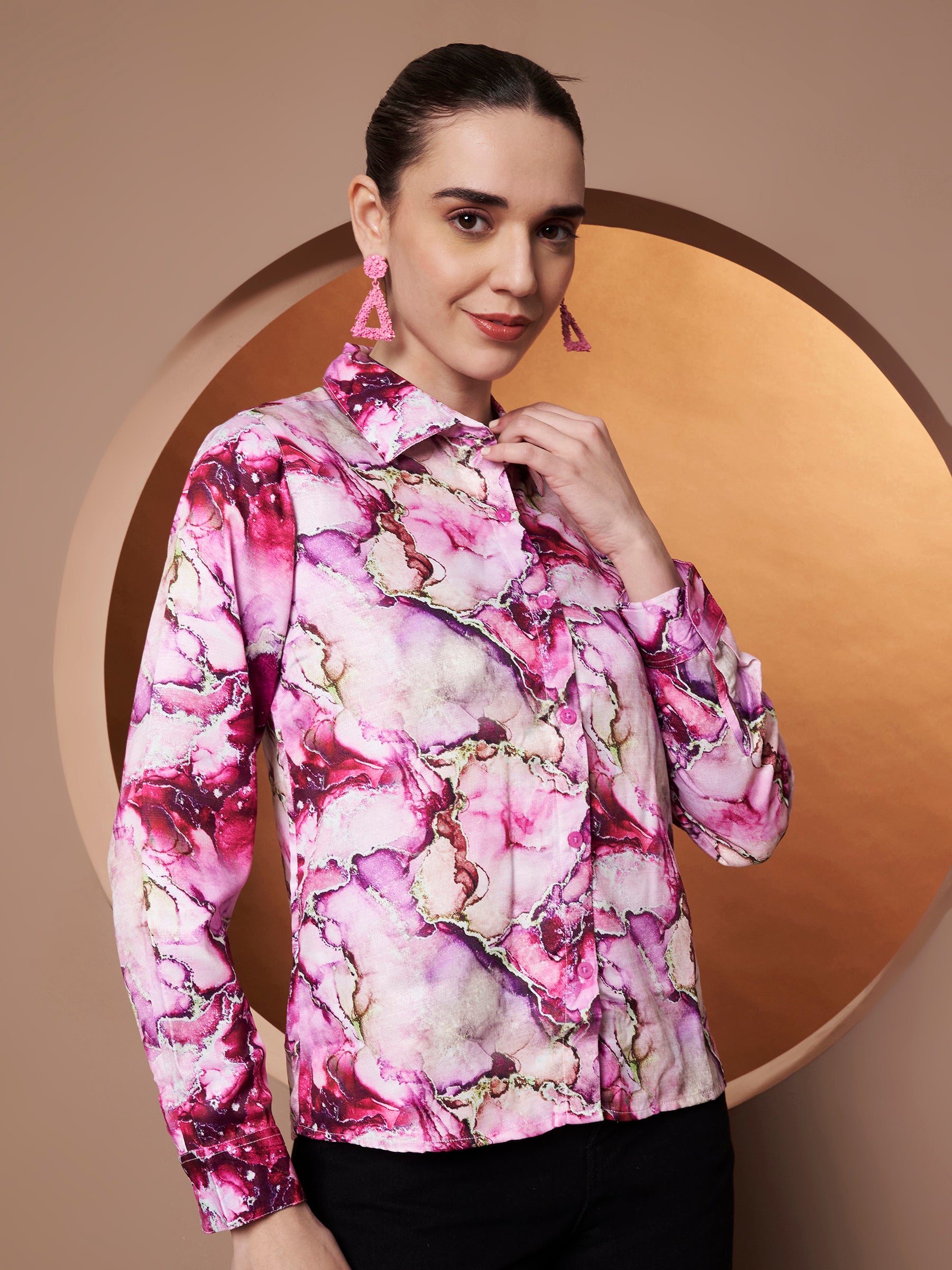 Women Classic Abstract Printed Pink Casual Shirt right side