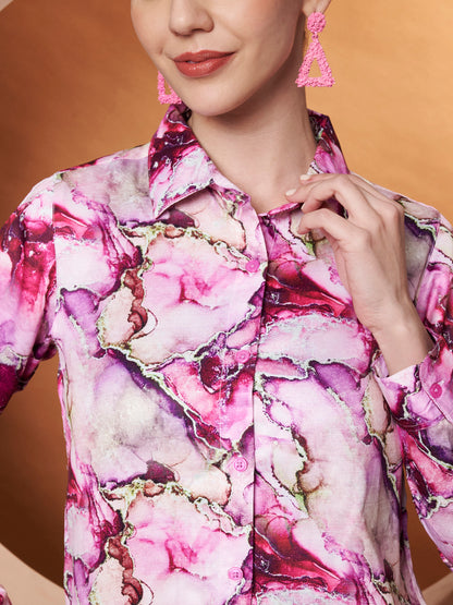 Women Classic Abstract Printed Pink Casual Shirt close up