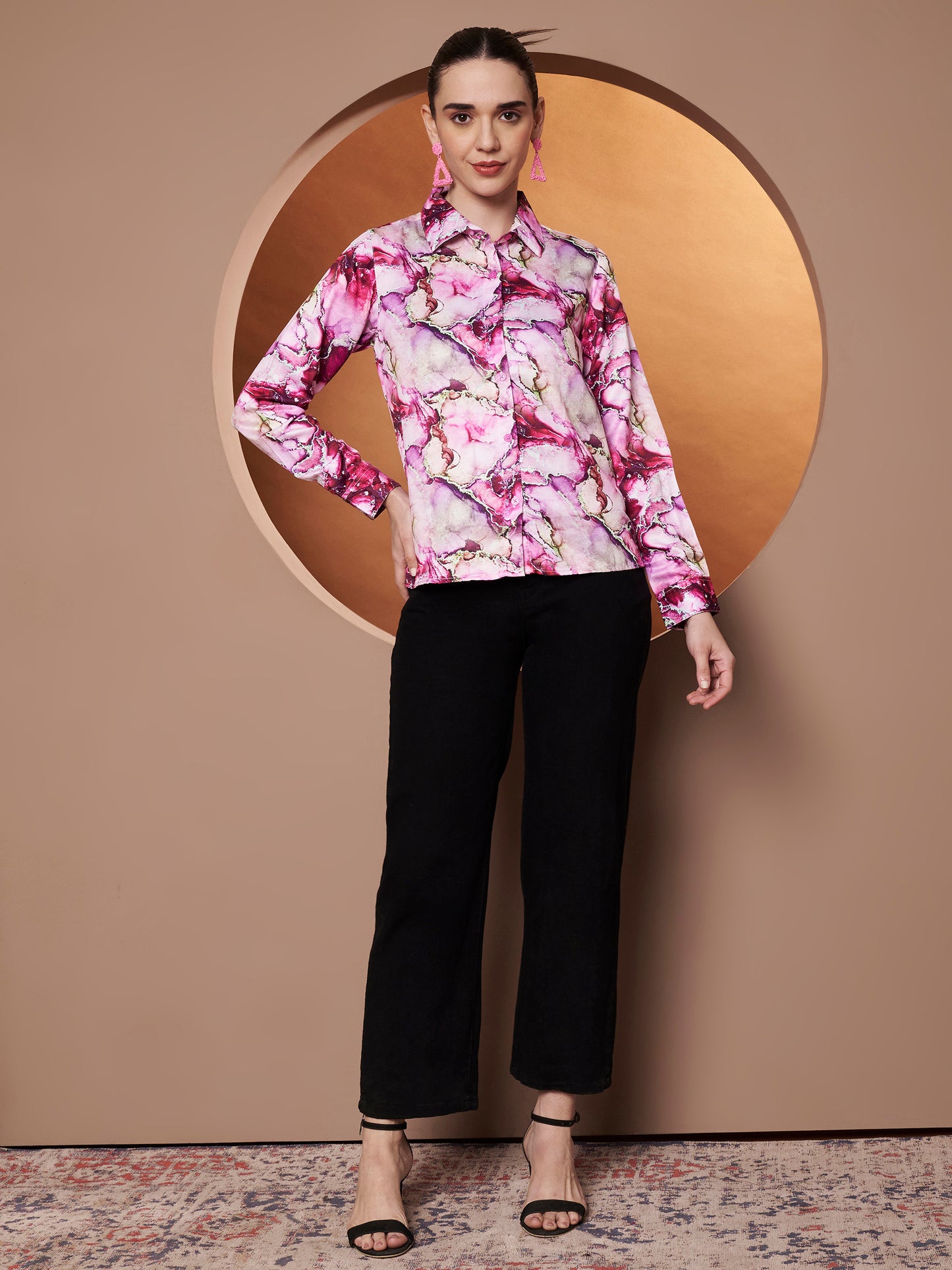 Classic Abstract Printed Pink Casual Shirt for Women model standing