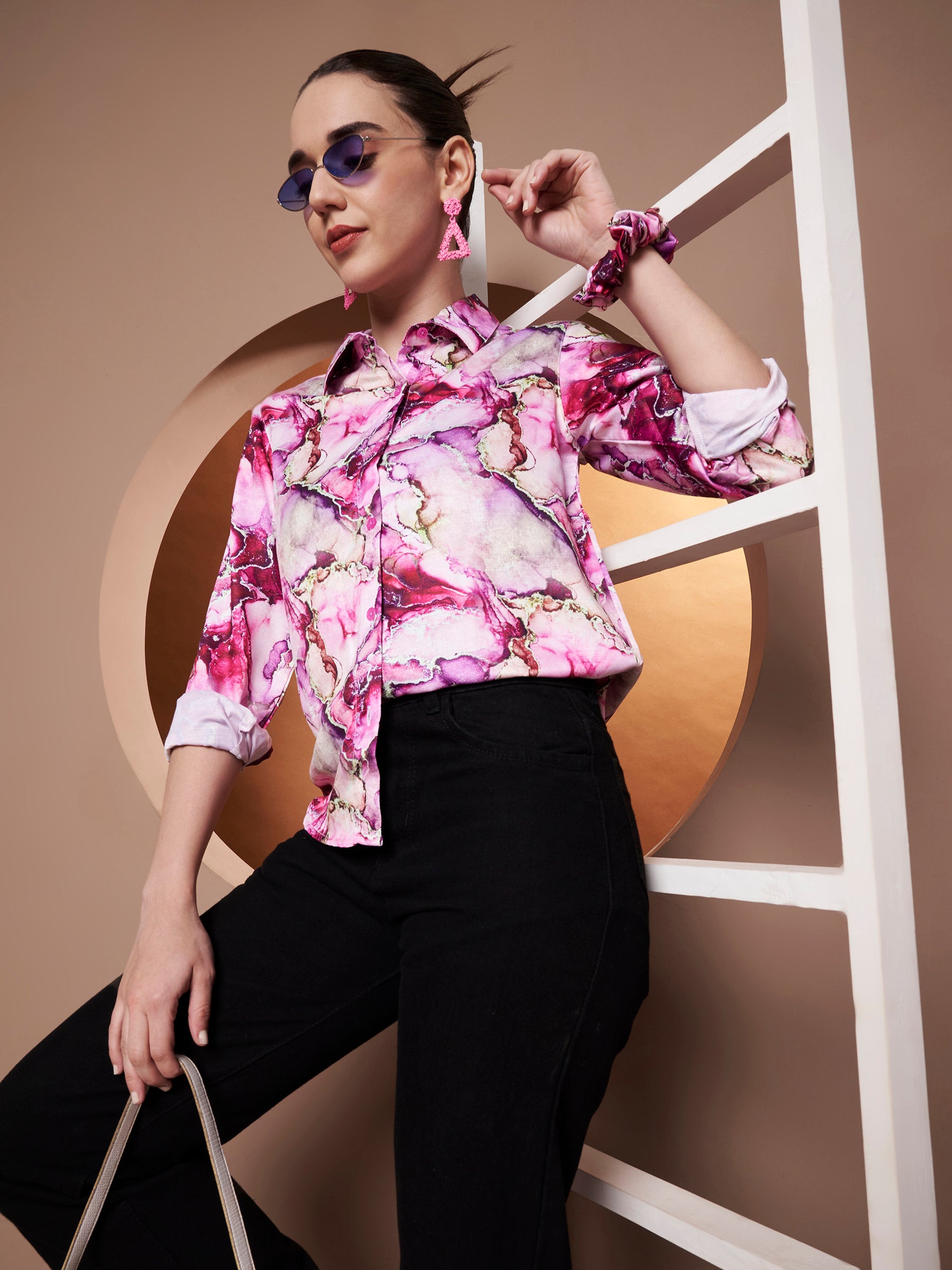 Women Classic Abstract Printed Pink Casual Shirt