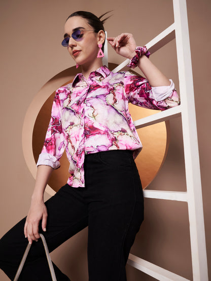 Women Classic Abstract Printed Pink Casual Shirt