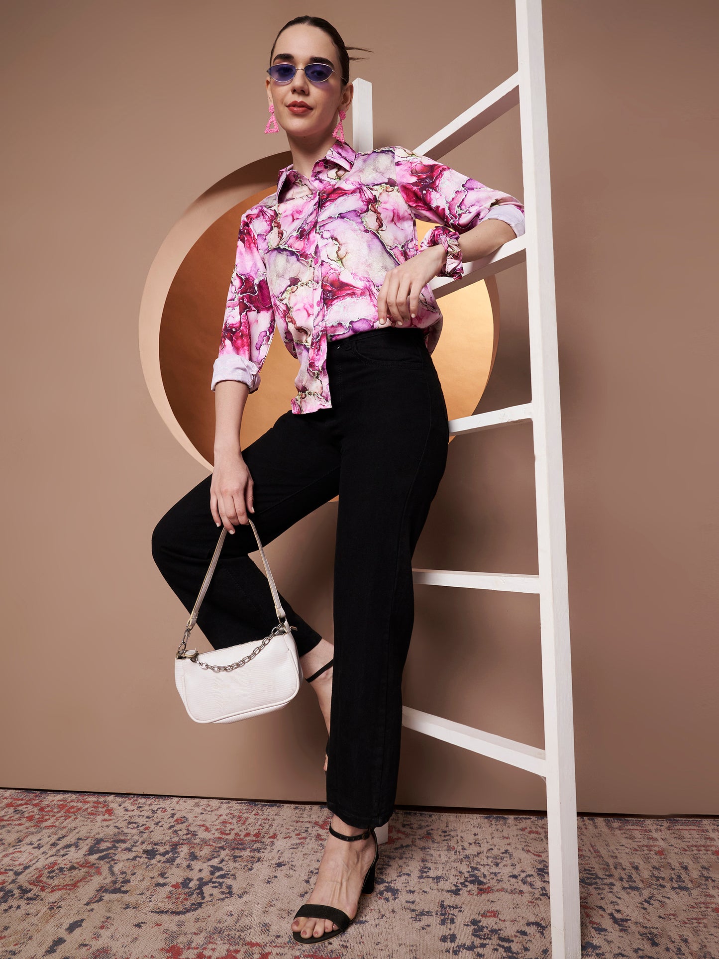Women Classic Abstract Printed Pink Casual Shirt full look