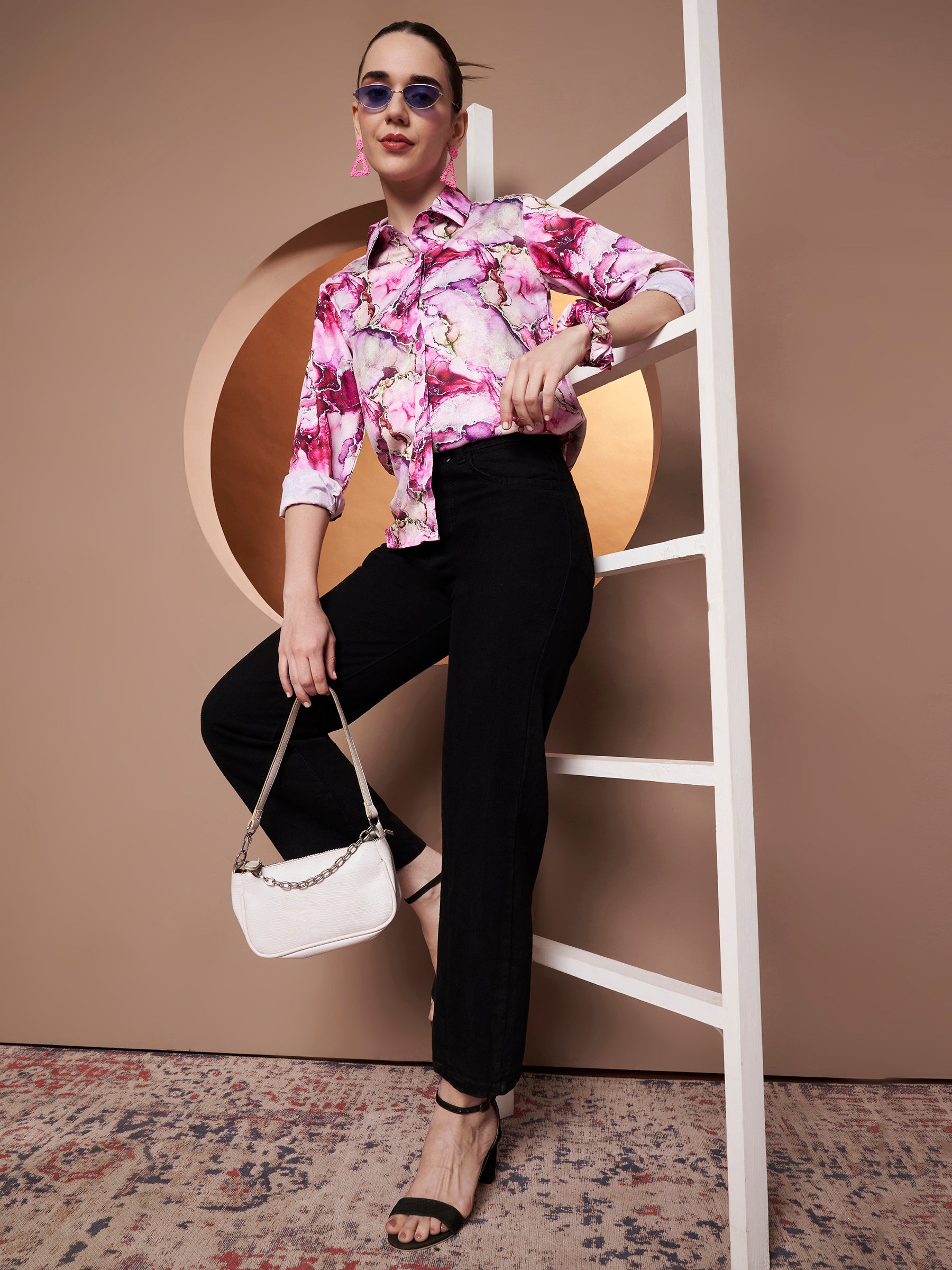 Women Classic Abstract Printed Pink Casual Shirt full look