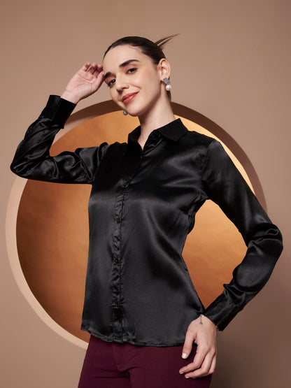 Spread Collar Long Sleeves Satin Classic Shirt