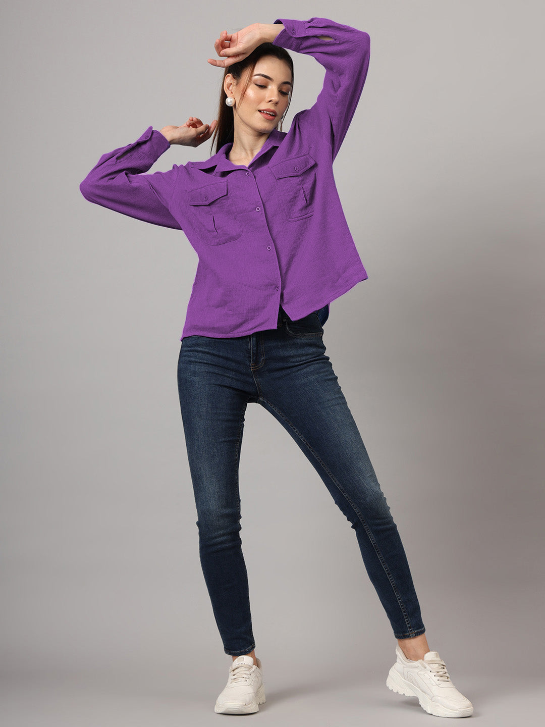 Women Classic Relaxed Fit Solid Spread Collar Cotton Casual Shirt