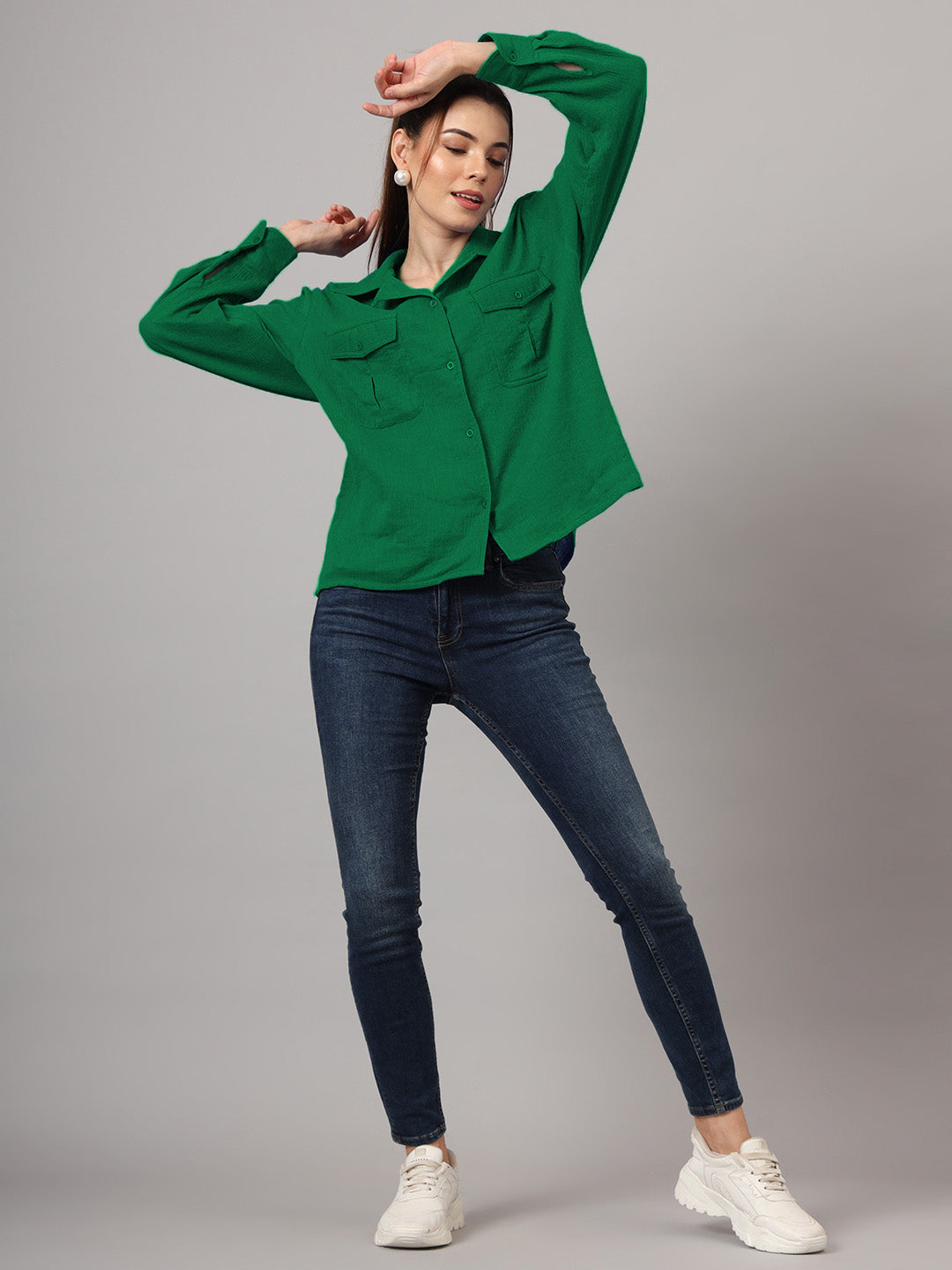 Women Classic Fit Solid Spread Collar Cotton Casual Shirt