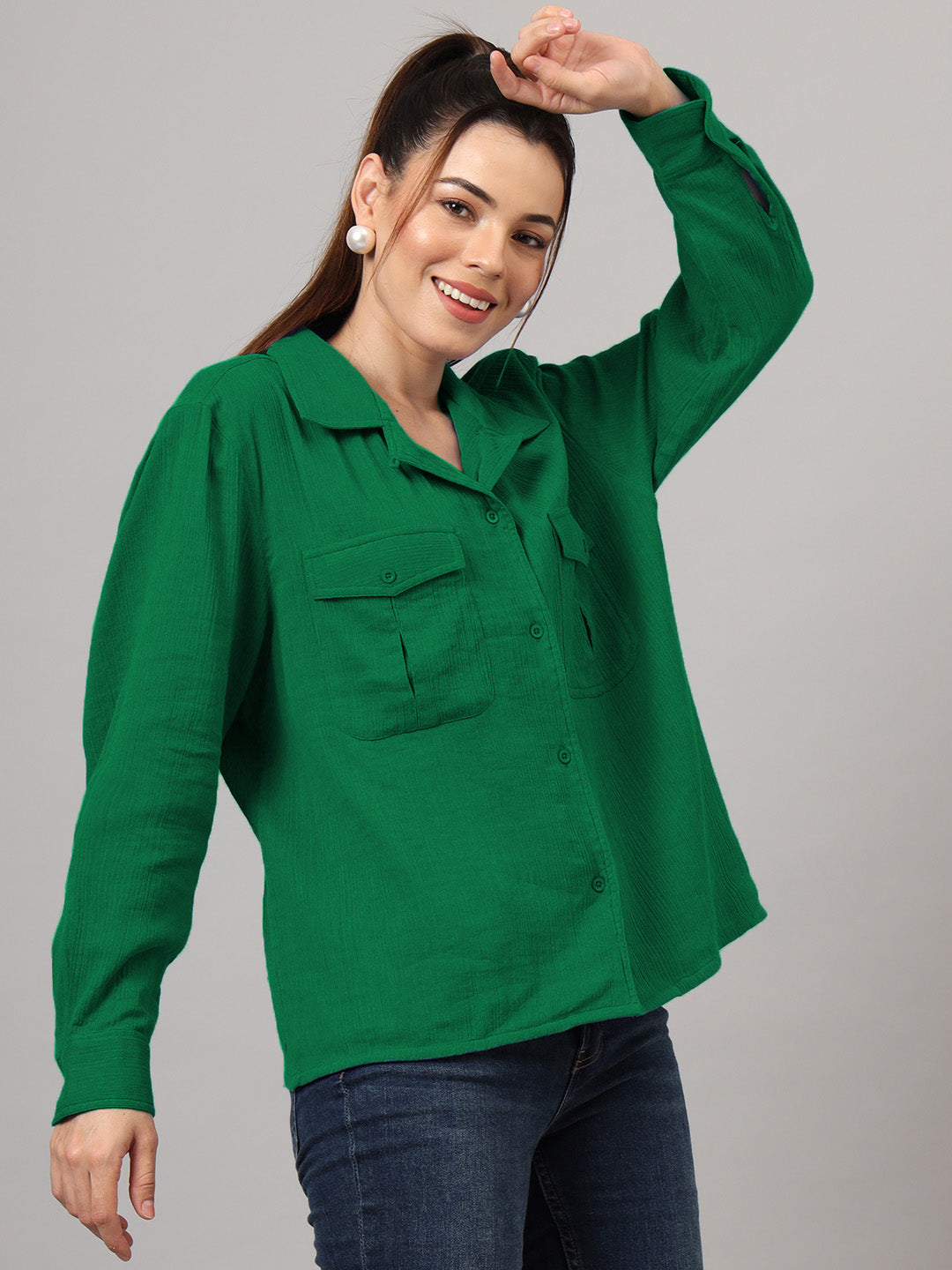 Women Classic Fit Solid Spread Collar Cotton Casual Shirt