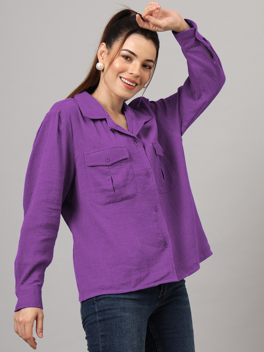 Women Classic Relaxed Fit Solid Spread Collar Cotton Casual Shirt
