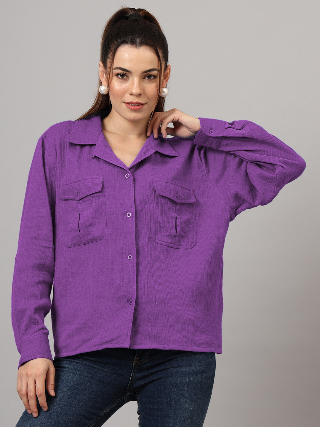 Women Classic Relaxed Fit Solid Spread Collar Cotton Casual Shirt