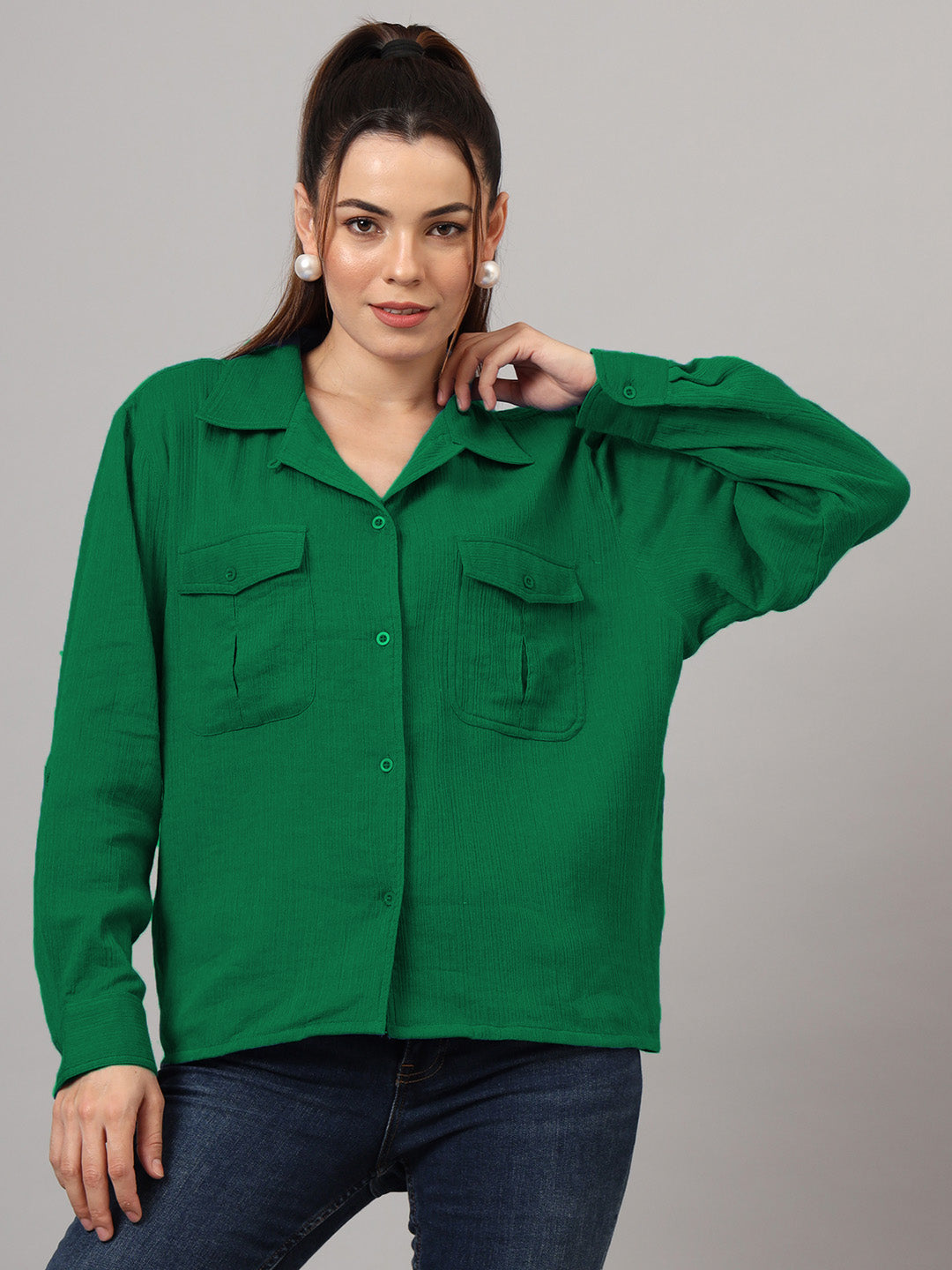Women Classic Fit Solid Spread Collar Cotton Casual Shirt