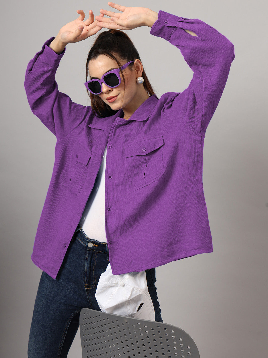 Women Classic Relaxed Fit Solid Spread Collar Cotton Casual Shirt