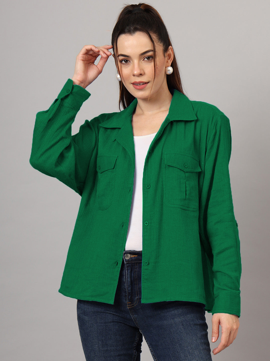 Women Classic Fit Solid Spread Collar Cotton Casual Shirt