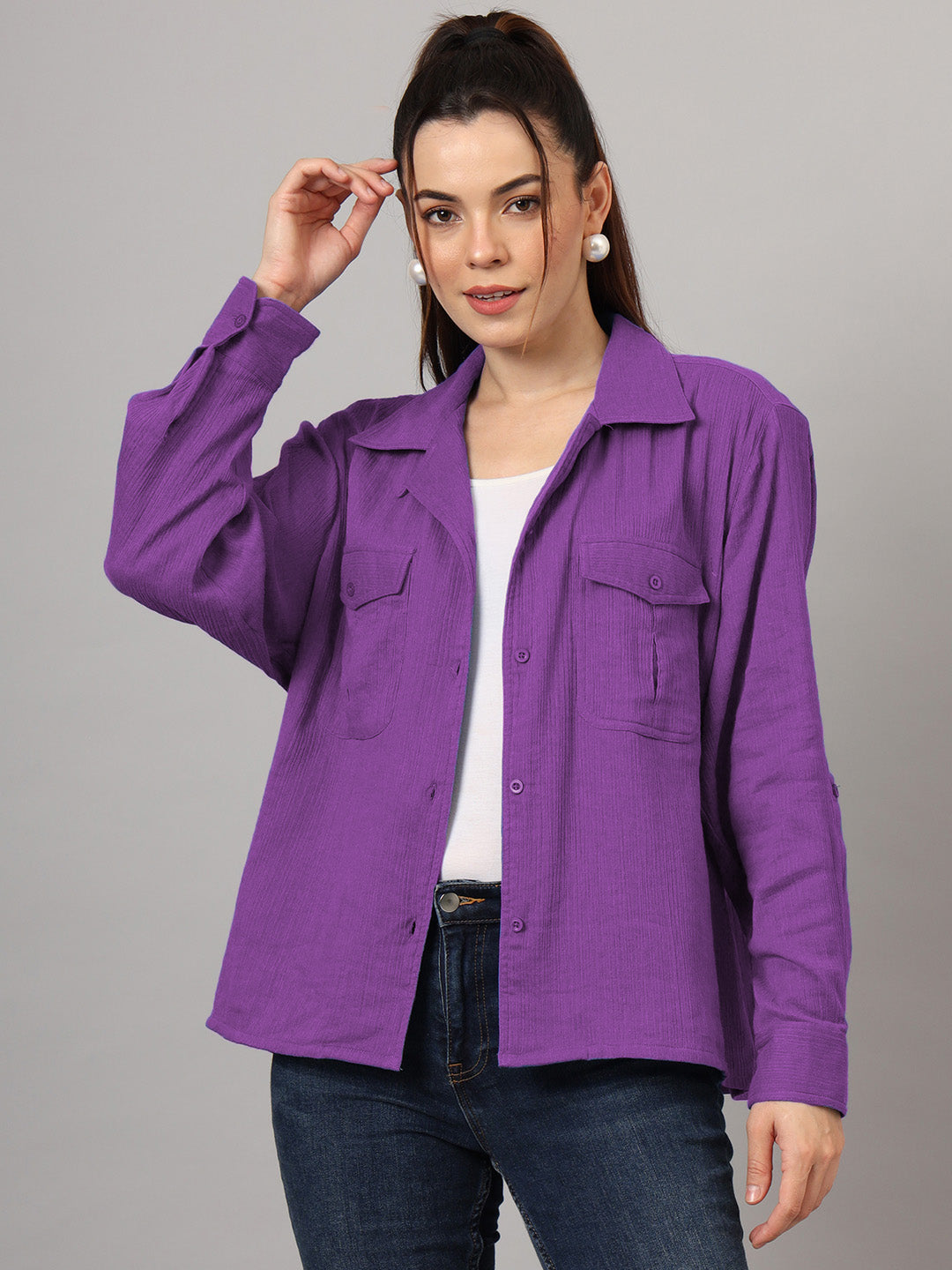 Women Classic Relaxed Fit Solid Spread Collar Cotton Casual Shirt