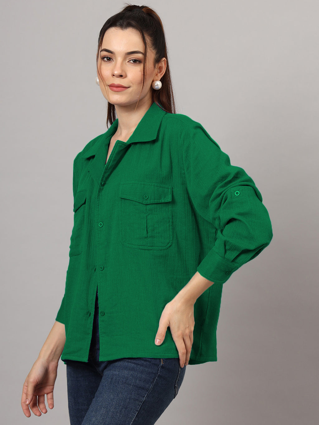 Women Classic Fit Solid Spread Collar Cotton Casual Shirt