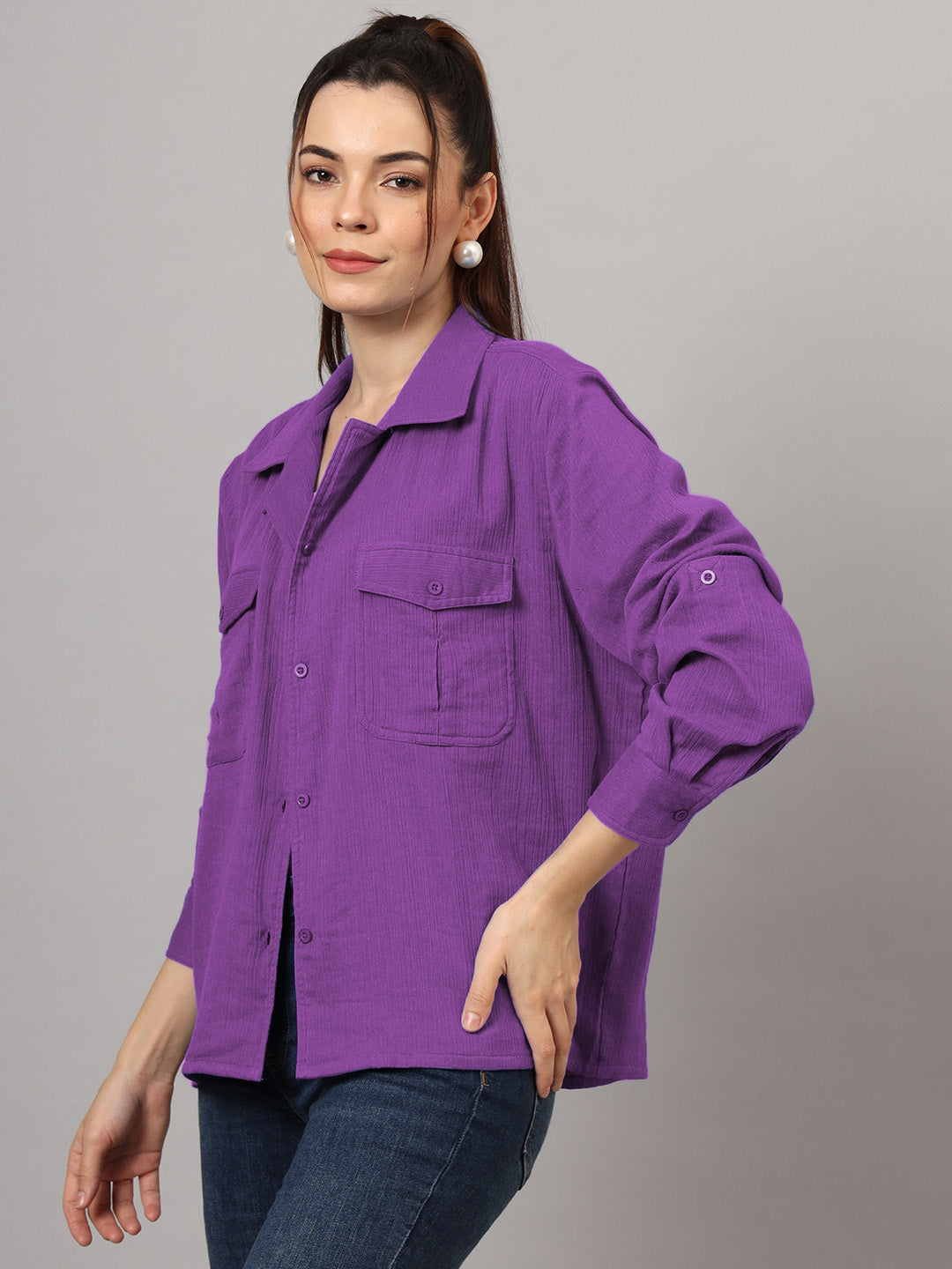 Women Classic Relaxed Fit Solid Spread Collar Cotton Casual Shirt