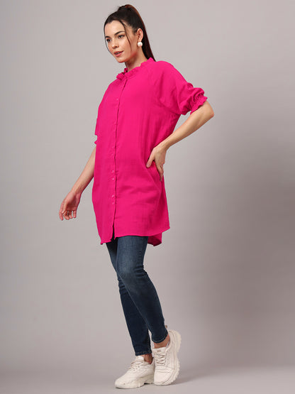 Women Classic Mandarin Collar Solid Cotton Relaxed Fit Casual Shirt