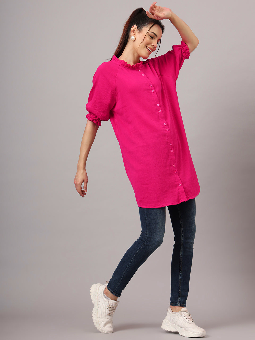 Women Classic Mandarin Collar Solid Cotton Relaxed Fit Casual Shirt