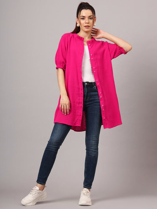 Women Classic Mandarin Collar Solid Cotton Relaxed Fit Casual Shirt