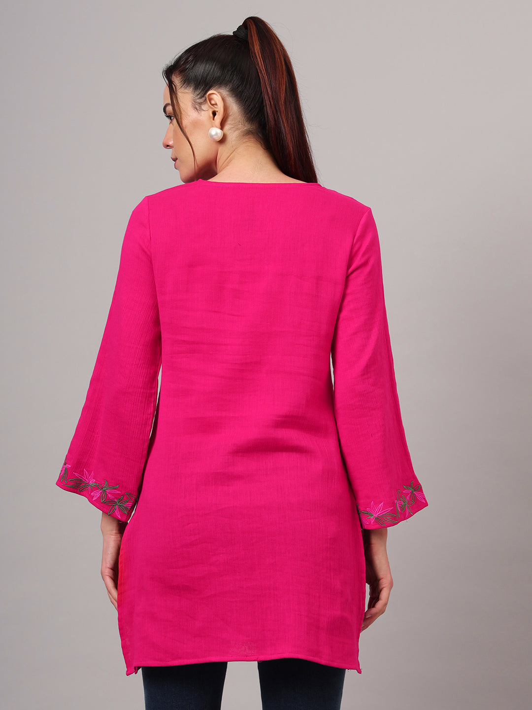 Floral Embroidered Cotton Pink kurti