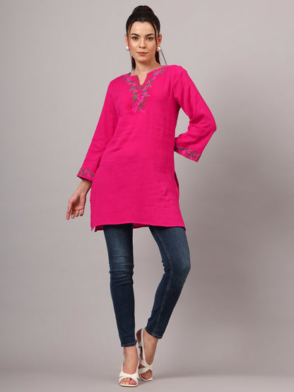 Floral Embroidered Cotton Pink kurti