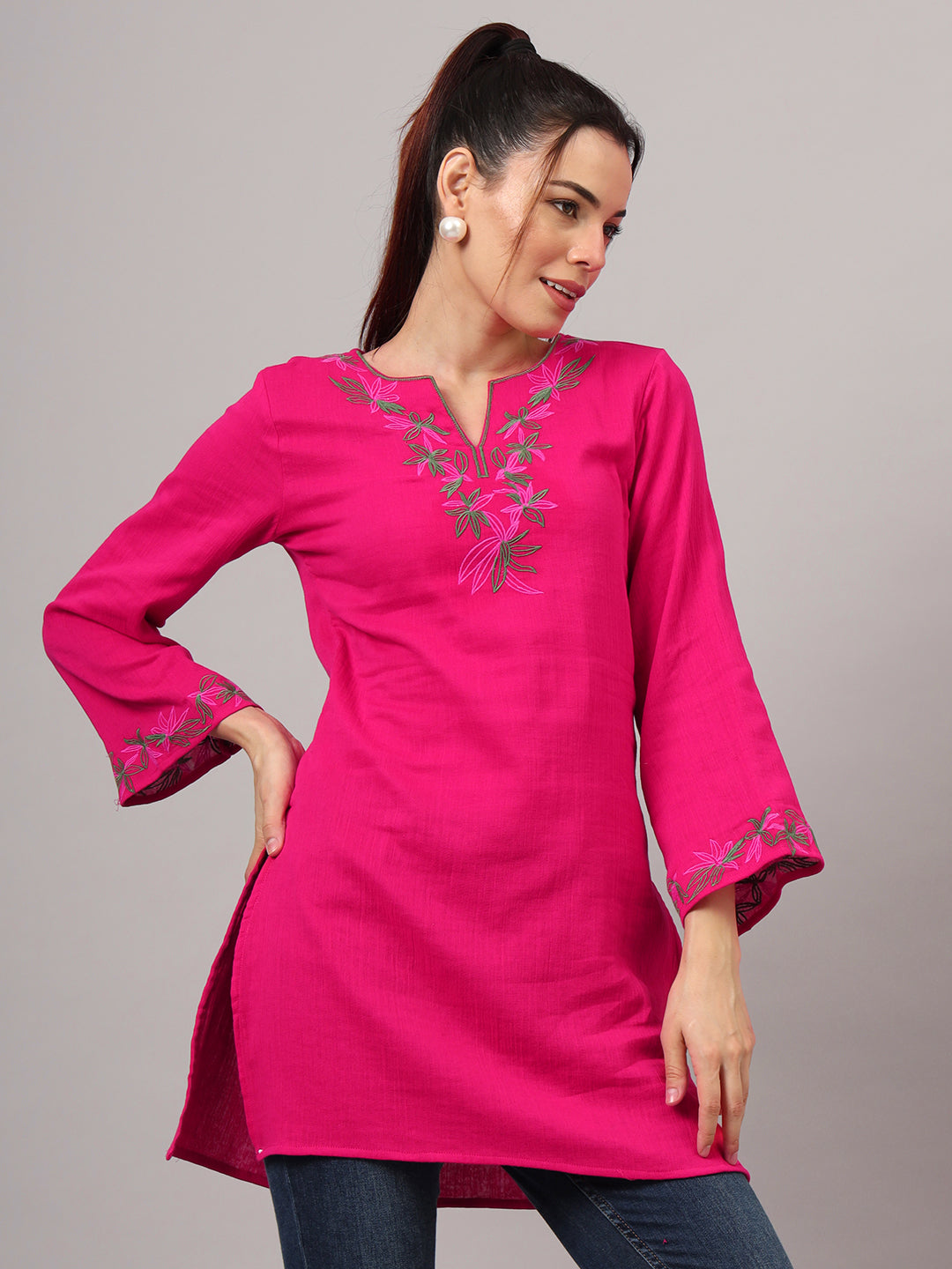 Floral Embroidered Cotton Pink kurti