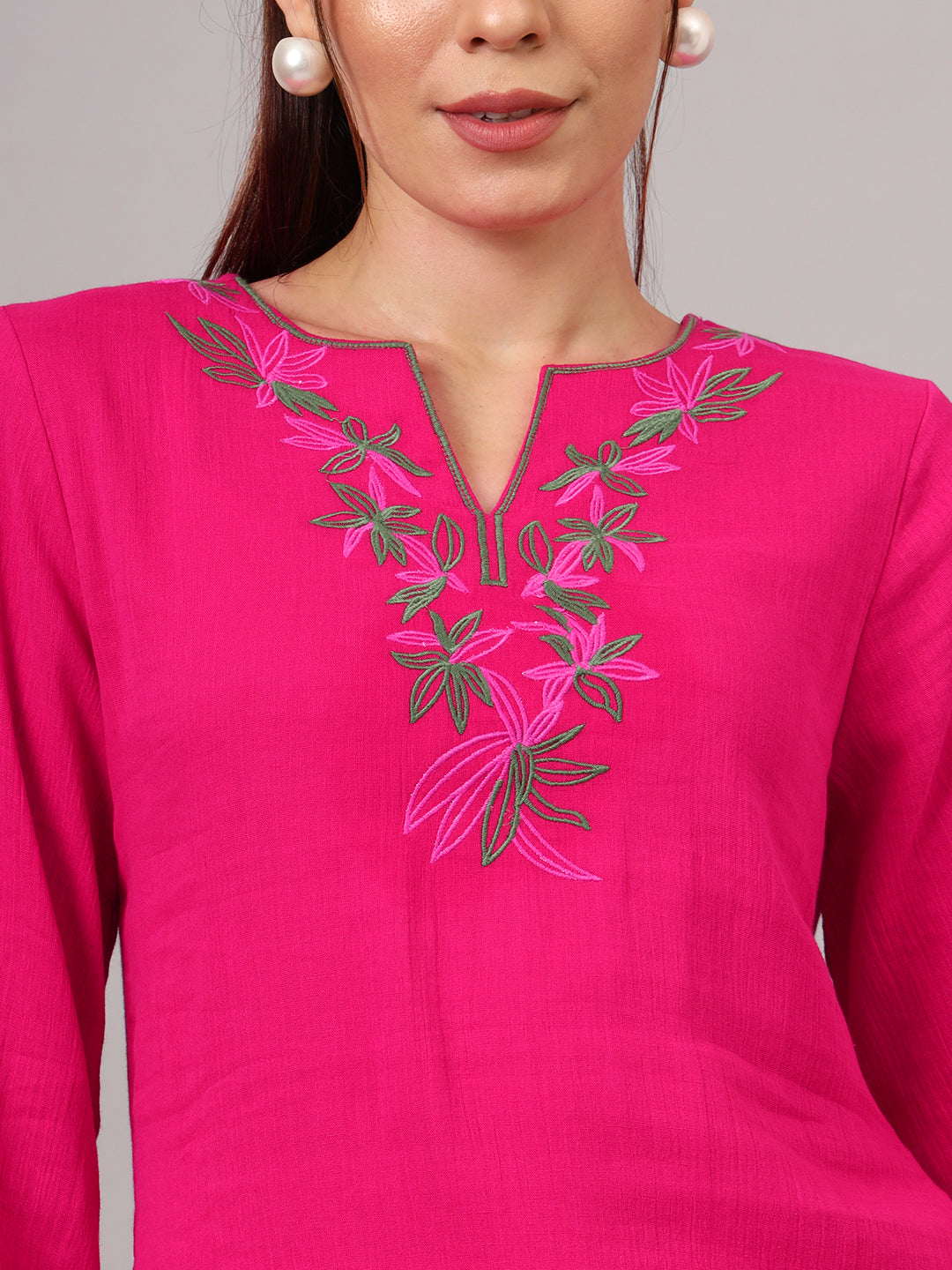 Floral Embroidered Cotton Pink kurti