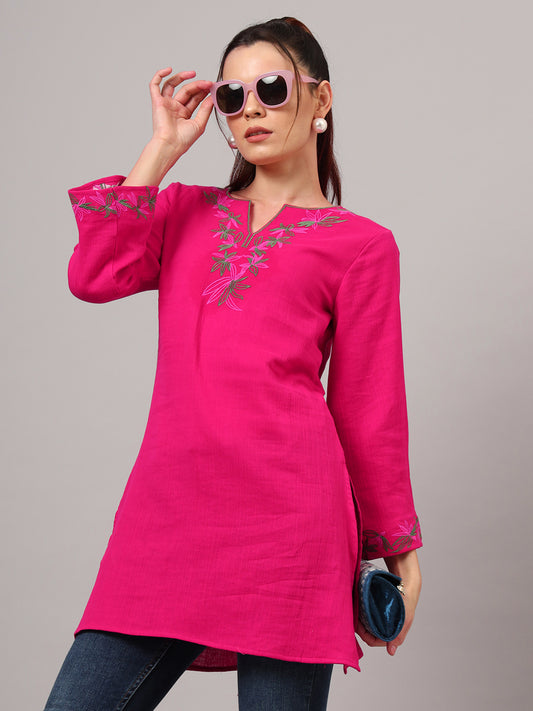 Floral Embroidered Cotton Pink kurti