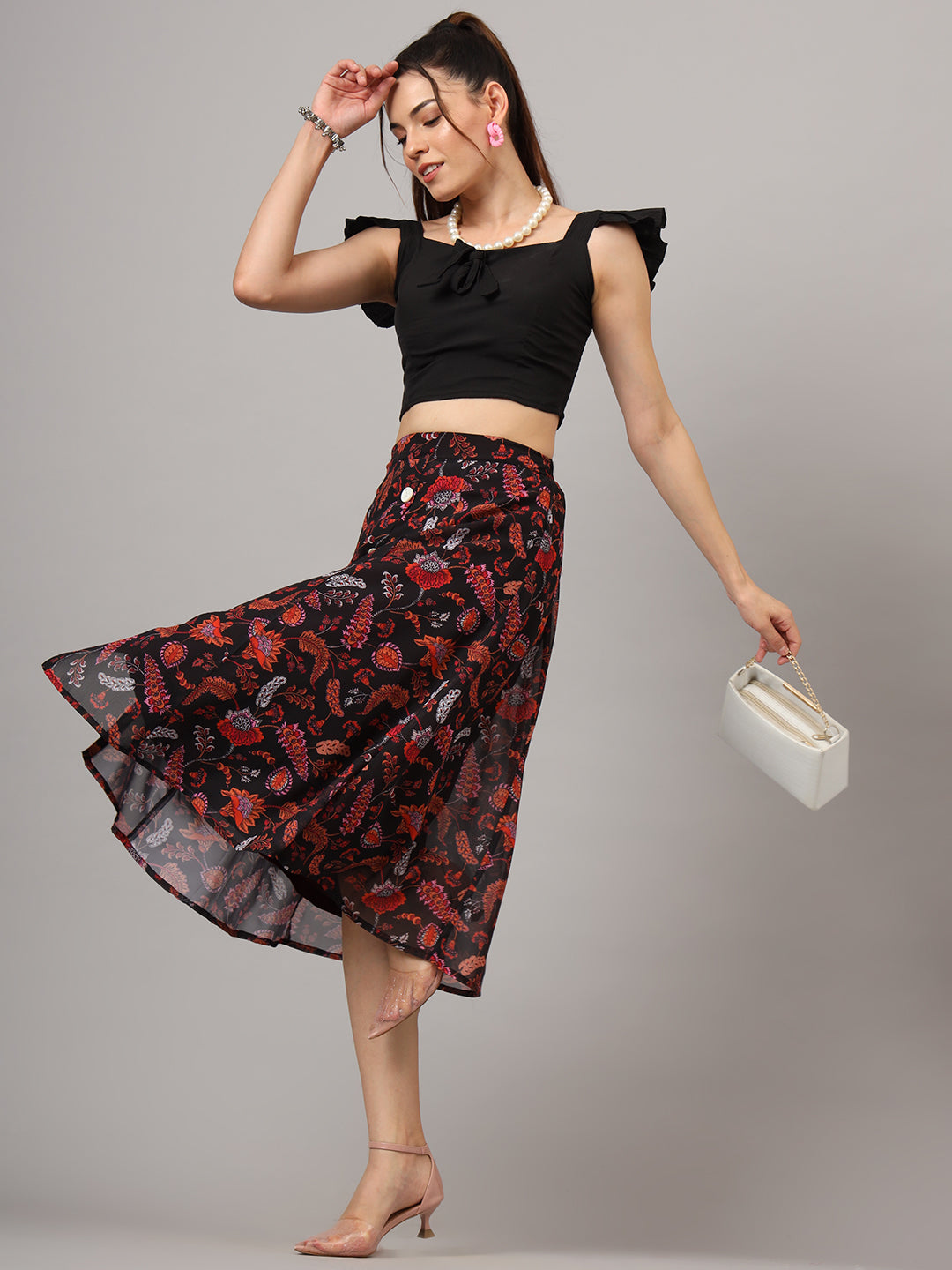 Floral Printed Flared Midi Skirt