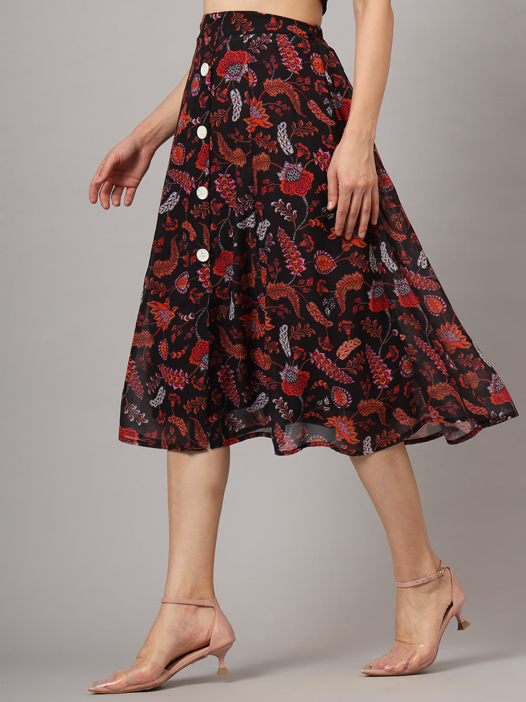 Floral Printed Flared Midi Skirt