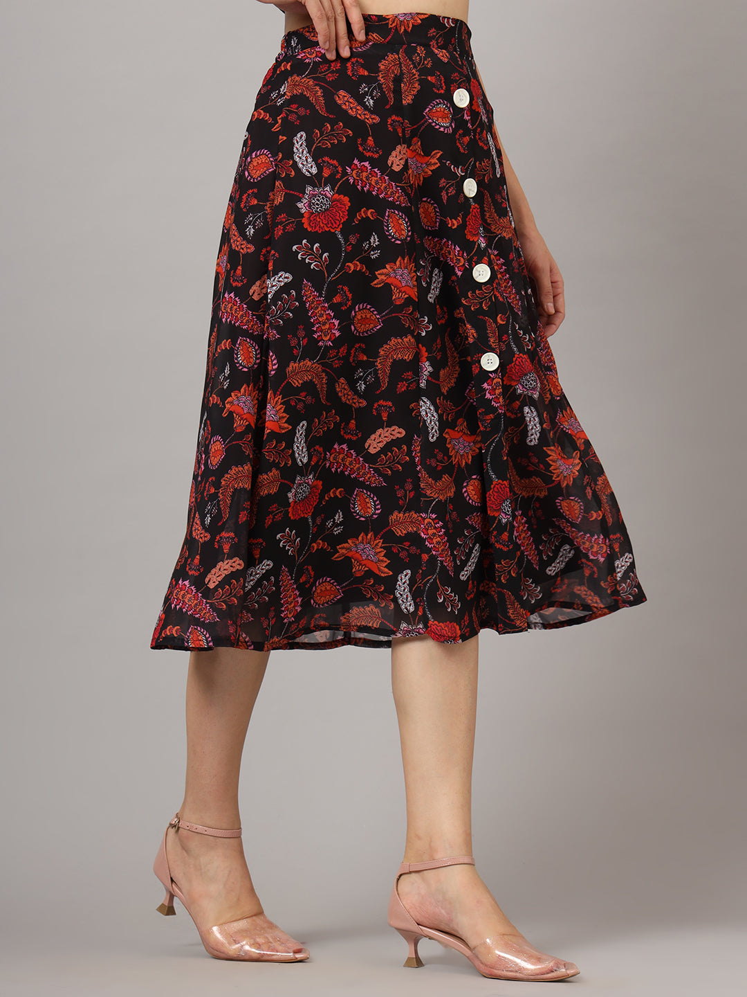 Floral Printed Flared Midi Skirt