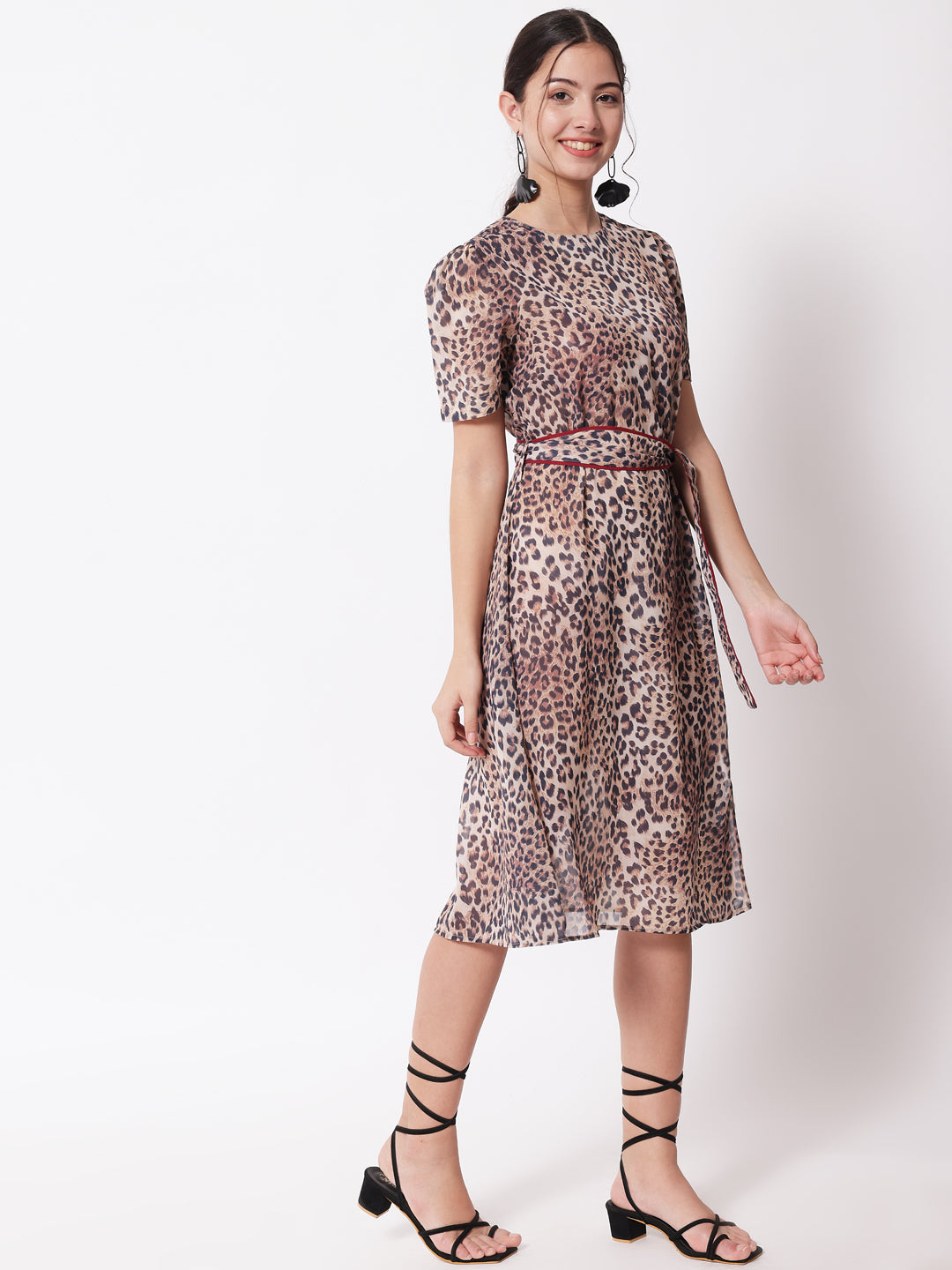 Women Brown Animal Print Georgette Dress