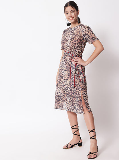 Women Brown Animal Print Georgette Dress