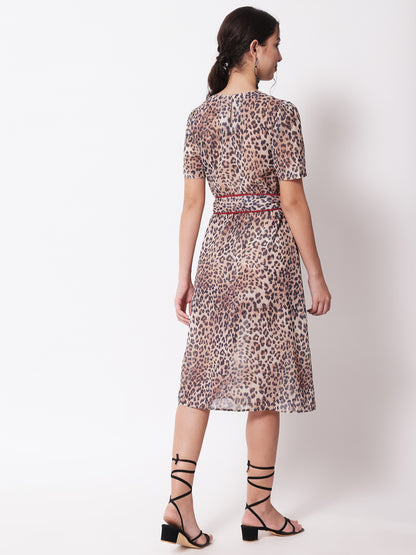 Women Brown Animal Print Georgette Dress