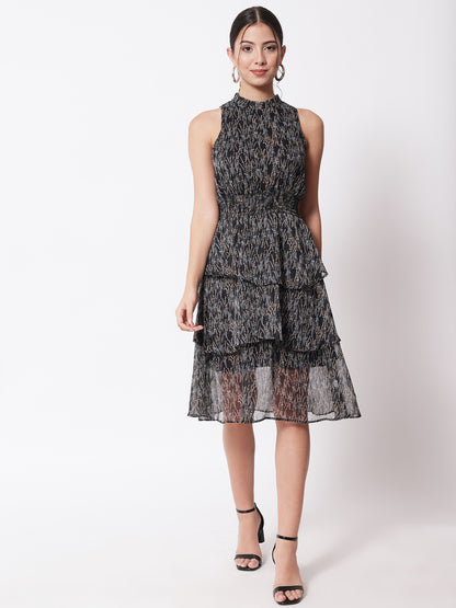 Women Black Printed Georgette Fit & Flare Dress