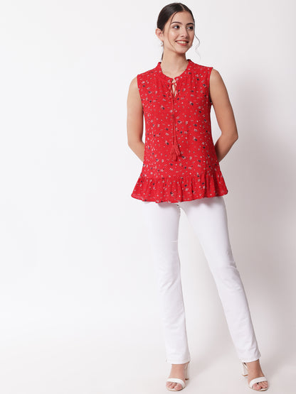 Women Red Floral Print Tie-Up Neck Top