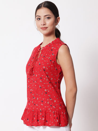 Women Red Floral Print Tie-Up Neck Top