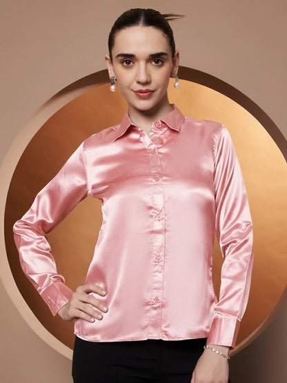 Spread Collar Long Sleeves Satin Classic Shirt