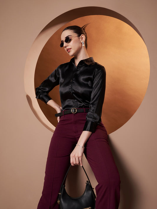 Spread Collar Long Sleeves Satin Classic Shirt